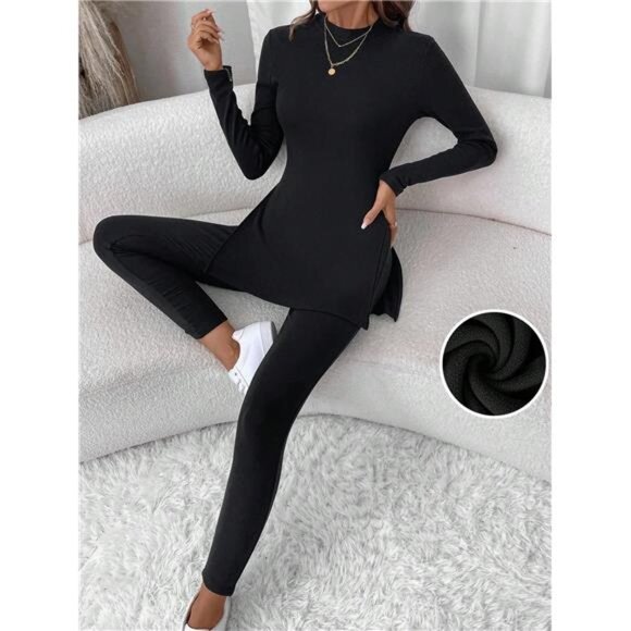 Women's Side Slit Figure-Hugging T-Shirt And Skinny Leggings Loungewear Set - Picture 1 of 6